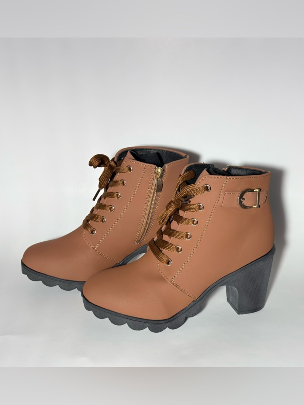 Tan Ankle Boots Lace Up Chunky Block Heel Lug Sole Buckle Detail Size 38/7